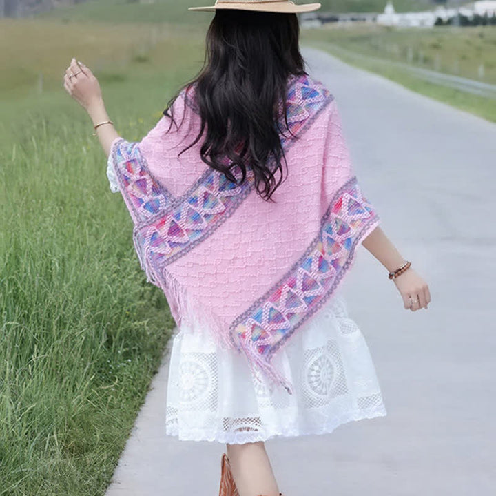 Buddha Stones Sciarpa da donna in maglia con frange geometriche e orlo a V, stile boho, per primavera/autunno. - image 30