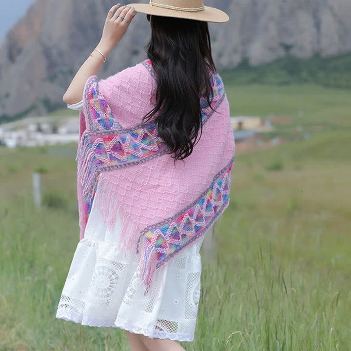 Buddha Stones Sciarpa da donna in maglia con frange geometriche e orlo a V, stile boho, per primavera/autunno. - image 32