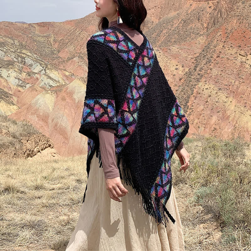 Buddha Stones Sciarpa da donna in maglia con frange geometriche e orlo a V, stile boho, per primavera/autunno. - image 43