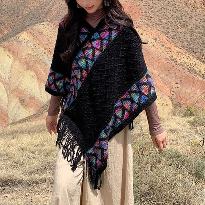 Buddha Stones Sciarpa da donna in maglia con frange geometriche e orlo a V, stile boho, per primavera/autunno. - image 36