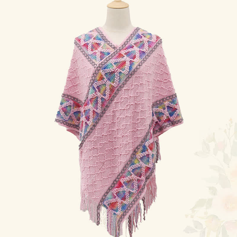 Buddha Stones Sciarpa da donna in maglia con frange geometriche e orlo a V, stile boho, per primavera/autunno. - image 34