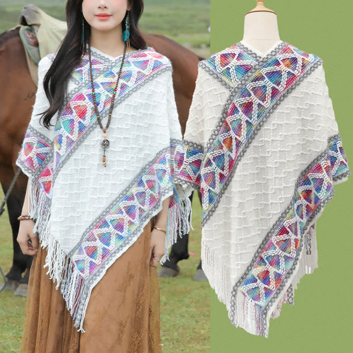 Buddha Stones Sciarpa da donna in maglia con frange geometriche e orlo a V, stile boho, per primavera/autunno. - image 21