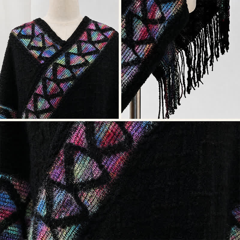 Buddha Stones Sciarpa da donna in maglia con frange geometriche e orlo a V, stile boho, per primavera/autunno. - image 44