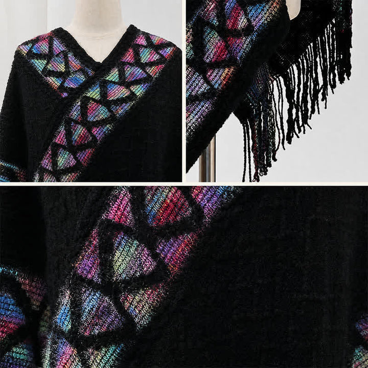 Buddha Stones Sciarpa da donna in maglia con frange geometriche e orlo a V, stile boho, per primavera/autunno. - image 44