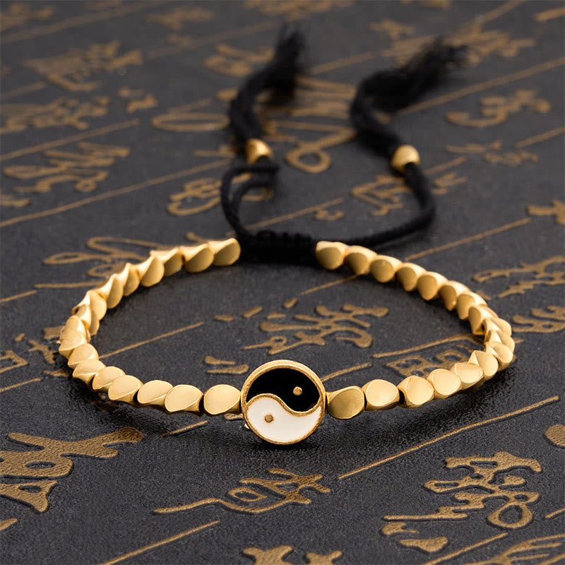 Buddha Stones Bracciale tibetano Yin Yang con perline di rame e cordino nero. - 7,9 pollici (20 cm) - image 0