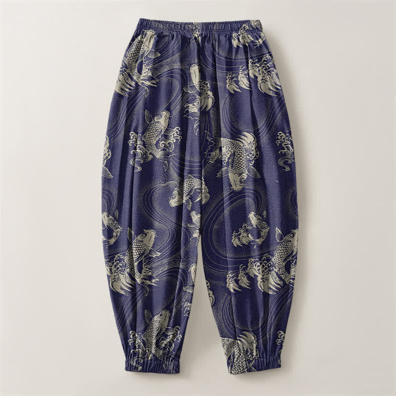 Buddha Stones Pantaloni harem da uomo in puro cotone con coulisse e tasche, fantasia a onde koi. - image 2