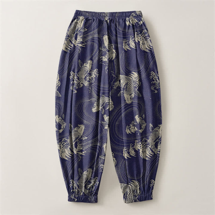 Buddha Stones Pantaloni harem da uomo in puro cotone con coulisse e tasche, fantasia a onde koi. - image 2