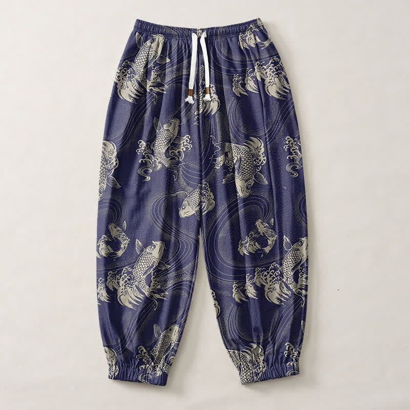 Buddha Stones Pantaloni harem da uomo in puro cotone con coulisse e tasche, fantasia a onde koi. - image 1