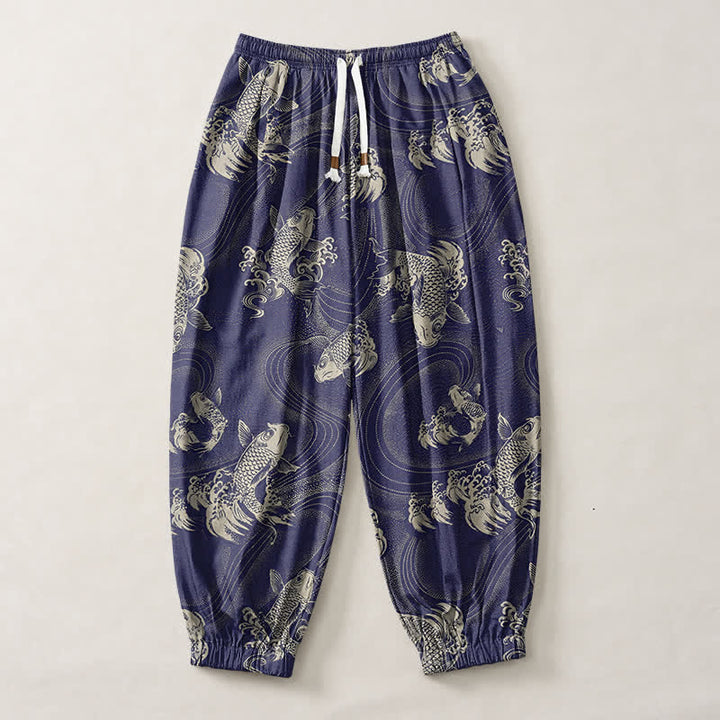 Buddha Stones Pantaloni harem da uomo in puro cotone con coulisse e tasche, fantasia a onde koi. - image 1