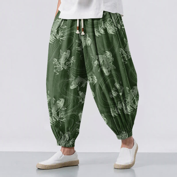 Buddha Stones Pantaloni harem da uomo in puro cotone con coulisse e tasche, fantasia a onde koi. - Verde oliva - US/UK/AU50, EU60 (5XL) - image 6