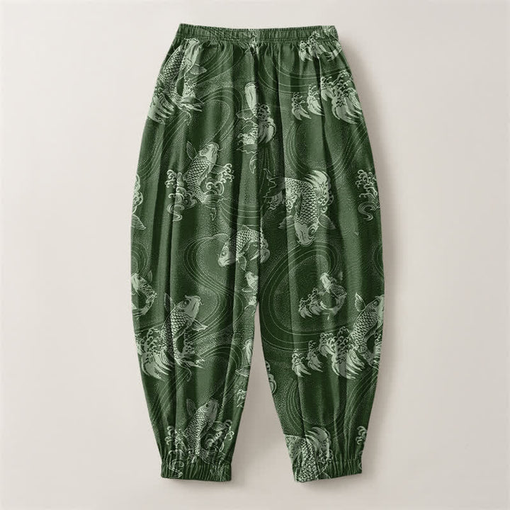 Buddha Stones Pantaloni harem da uomo in puro cotone con coulisse e tasche, fantasia a onde koi. - image 8