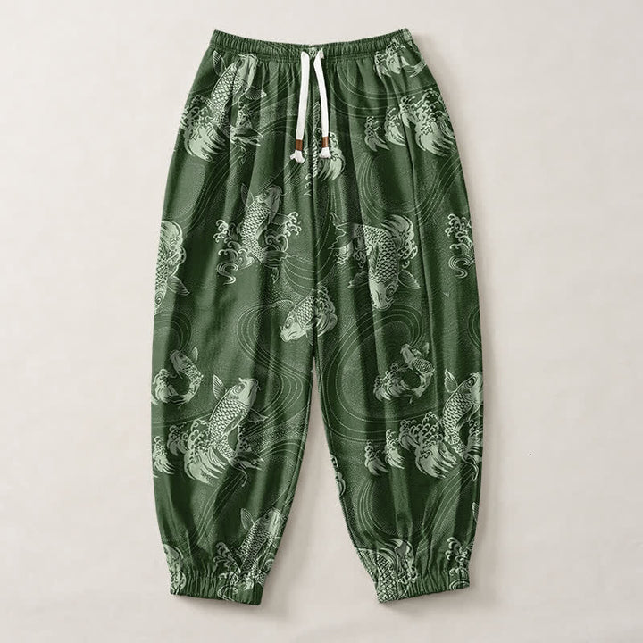 Buddha Stones Pantaloni harem da uomo in puro cotone con coulisse e tasche, fantasia a onde koi. - image 7