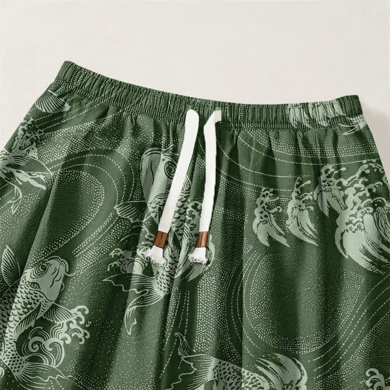 Buddha Stones Pantaloni harem da uomo in puro cotone con coulisse e tasche, fantasia a onde koi. - image 9