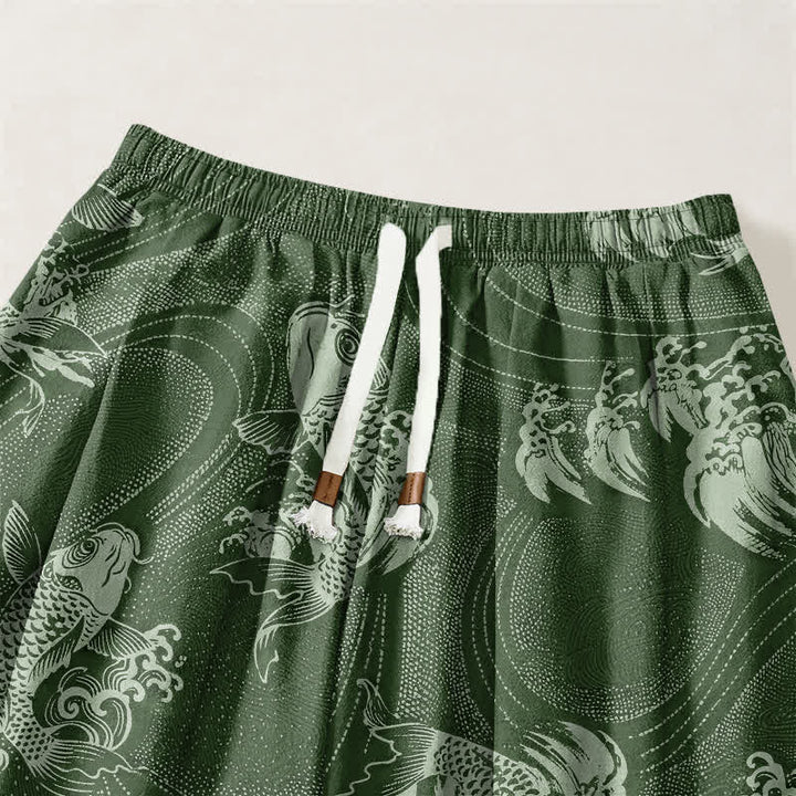 Buddha Stones Pantaloni harem da uomo in puro cotone con coulisse e tasche, fantasia a onde koi. - image 9