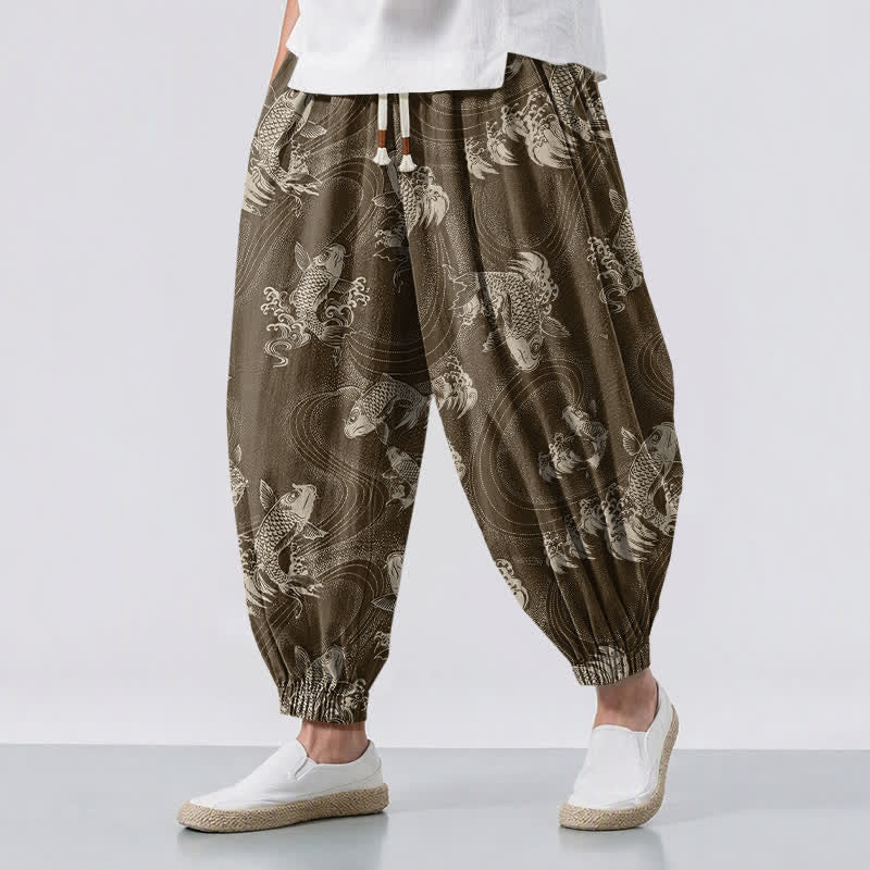 Buddha Stones Pantaloni harem da uomo in puro cotone con coulisse e tasche, fantasia a onde koi. - Marrone sella - US/UK/AU50, EU60 (5XL) - image 12