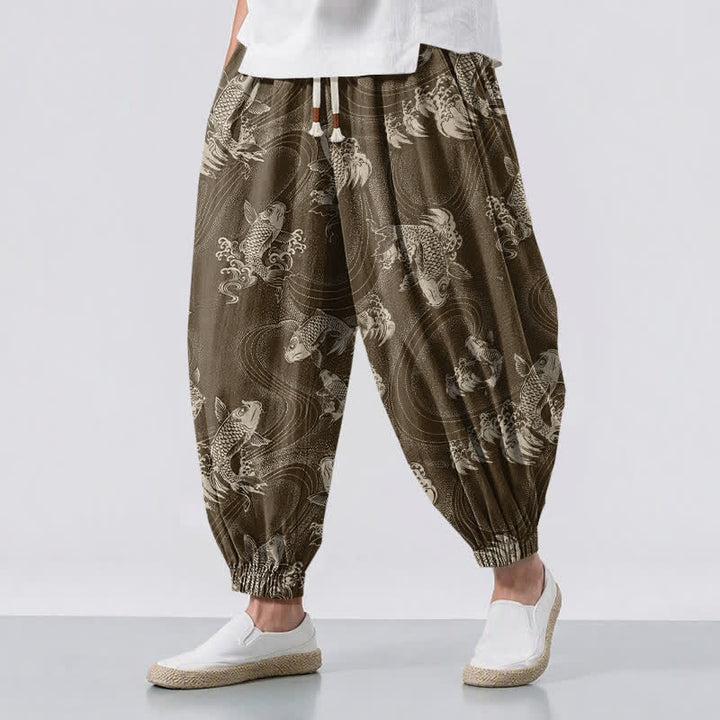 Buddha Stones Pantaloni harem da uomo in puro cotone con coulisse e tasche, fantasia a onde koi. - Marrone sella - US/UK/AU50, EU60 (5XL) - image 12