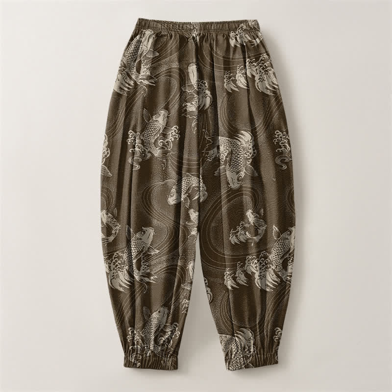 Buddha Stones Pantaloni harem da uomo in puro cotone con coulisse e tasche, fantasia a onde koi. - image 14