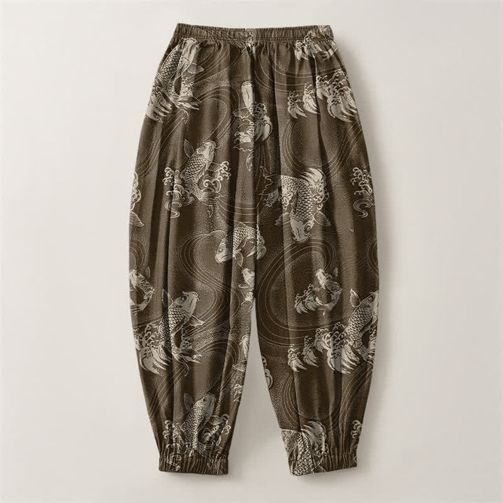Buddha Stones Pantaloni harem da uomo in puro cotone con coulisse e tasche, fantasia a onde koi. - image 14