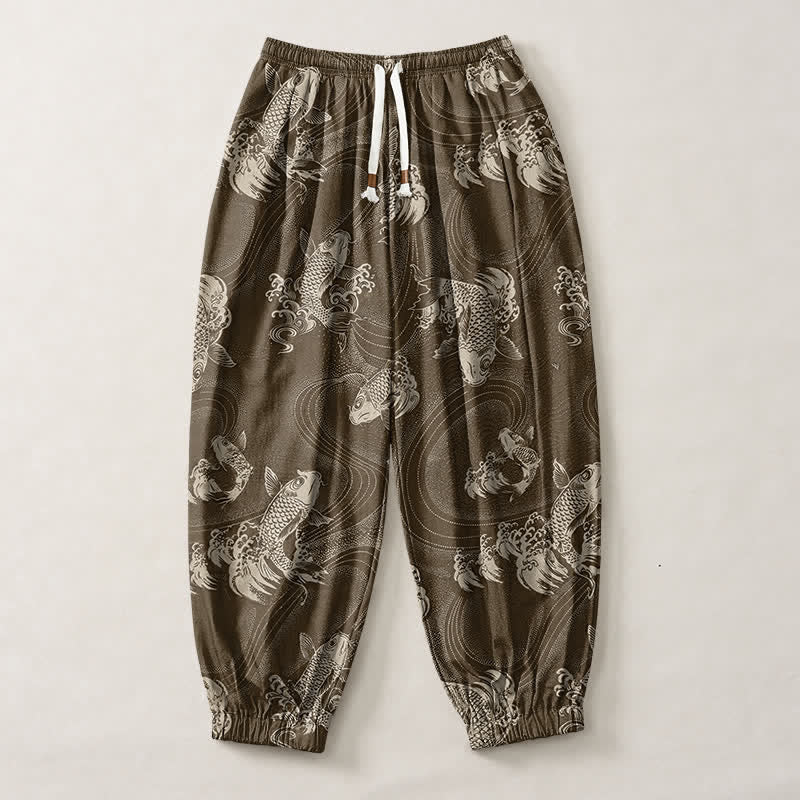 Buddha Stones Pantaloni harem da uomo in puro cotone con coulisse e tasche, fantasia a onde koi. - image 13