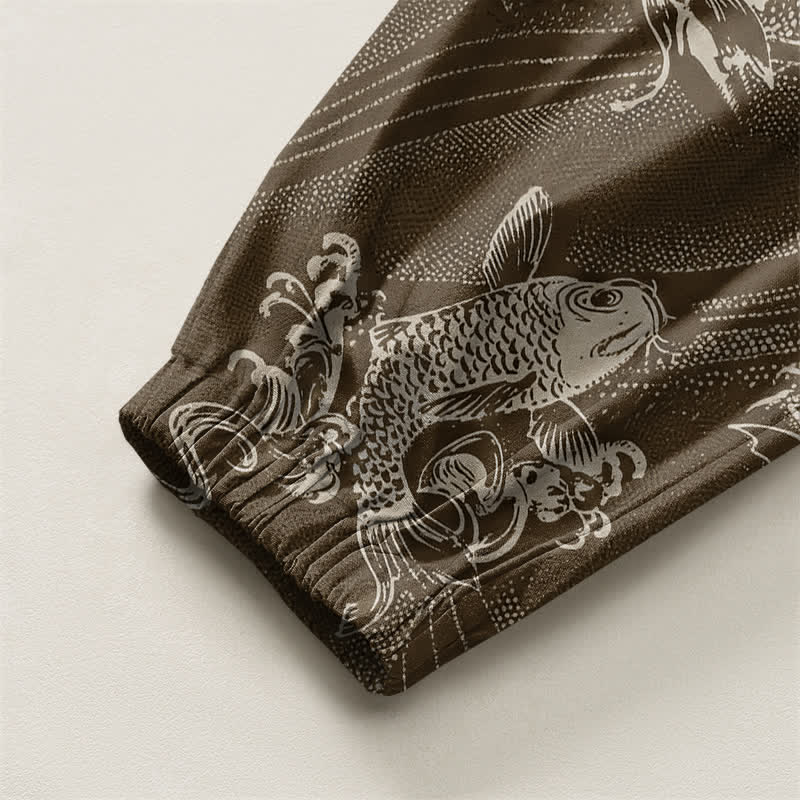 Buddha Stones Pantaloni harem da uomo in puro cotone con coulisse e tasche, fantasia a onde koi. - image 16