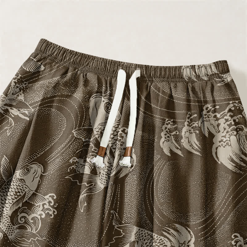 Buddha Stones Pantaloni harem da uomo in puro cotone con coulisse e tasche, fantasia a onde koi. - image 15
