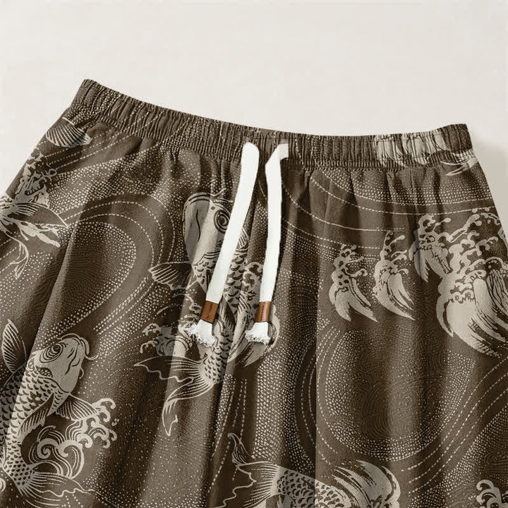 Buddha Stones Pantaloni harem da uomo in puro cotone con coulisse e tasche, fantasia a onde koi. - image 15