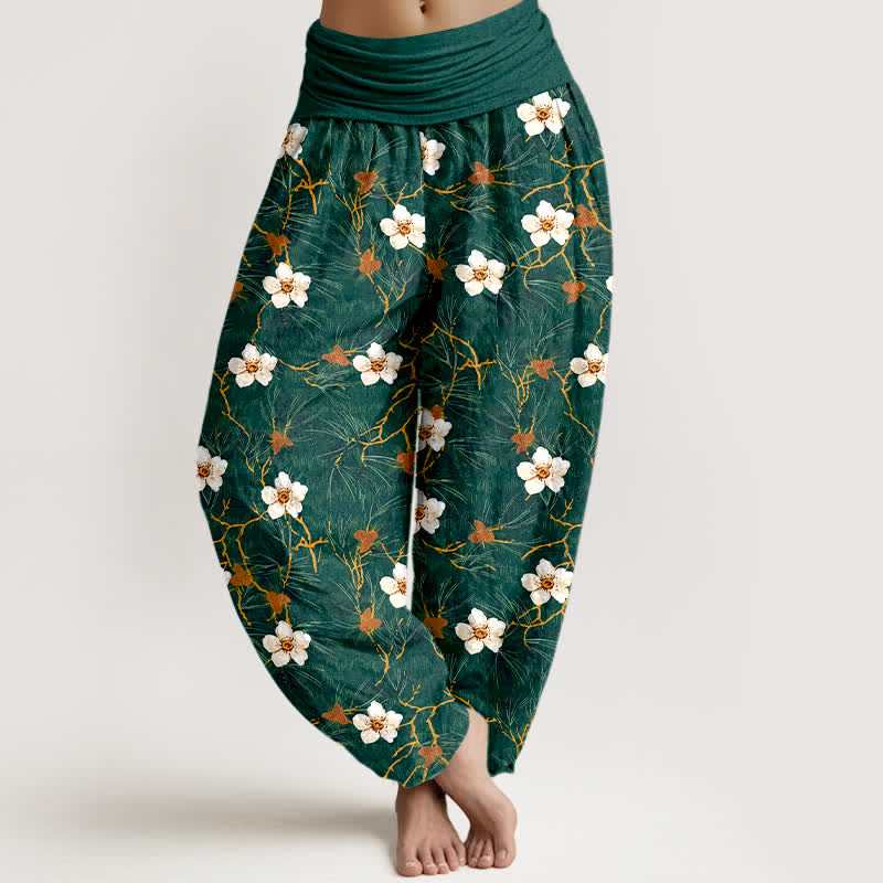 Buddha Stones Pantaloni harem da donna in cotone bianco con motivo a tralci di fiori e vita elasticizzata. - Verde mare - US16, UK/AU20, EU48 (3XL) - image 0