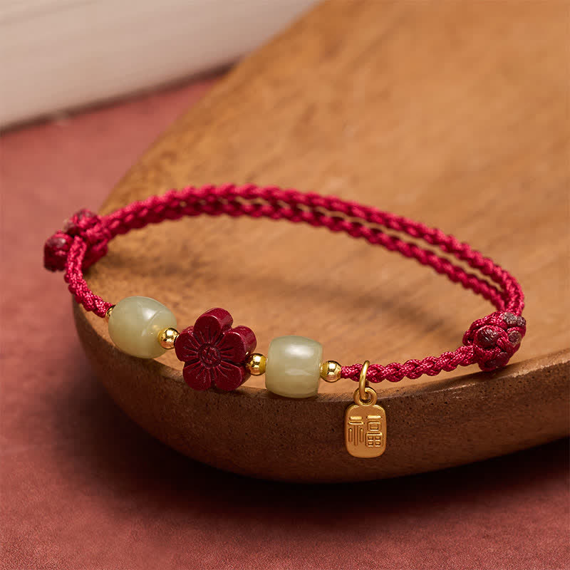 Buddha Stones Braccialetto portafortuna con fiori e cordino rosso, carattere Cinnabar Fu, colores, colore Cinnabar Fus, - Filo Rosso (Protezione ♥ Fortuna) - image 0