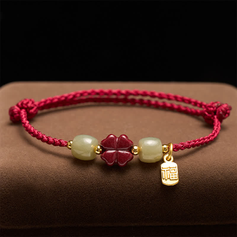 Buddha Stones Braccialetto portafortuna con motivo quadrifoglio e cordino rosso, colore Cinnabar Fu Character, Cinnabar. - image 1