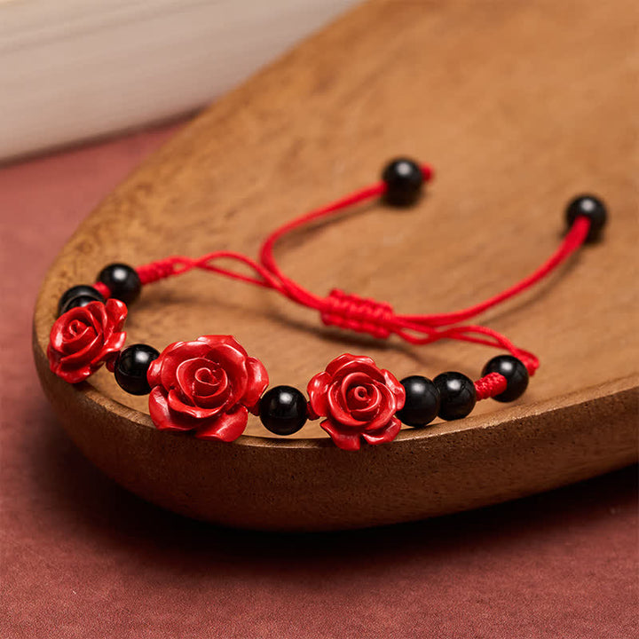 Buddha Stones Bracciale concentrato con rosa cinabro, onice nero e filo rosso - Filo Rosso (Protezione ♥ Fortuna) - image 0