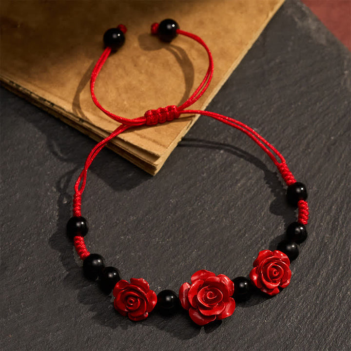Buddha Stones Bracciale concentrato con rosa cinabro, onice nero e filo rosso - image 3