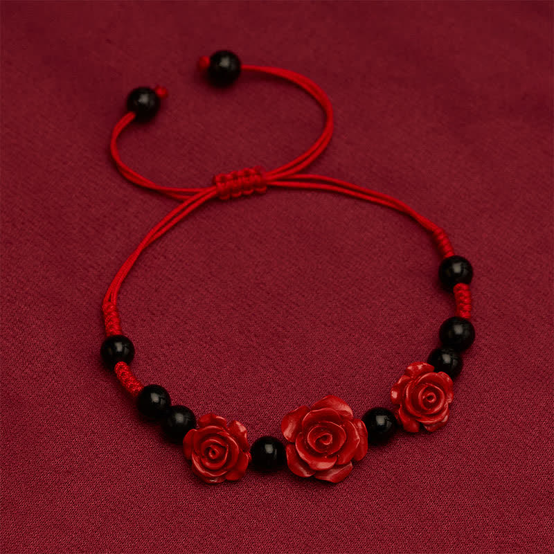 Buddha Stones Bracciale concentrato con rosa cinabro, onice nero e filo rosso - image 1