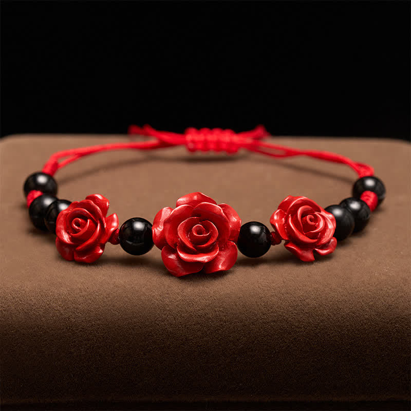 Buddha Stones Bracciale concentrato con rosa cinabro, onice nero e filo rosso - image 2