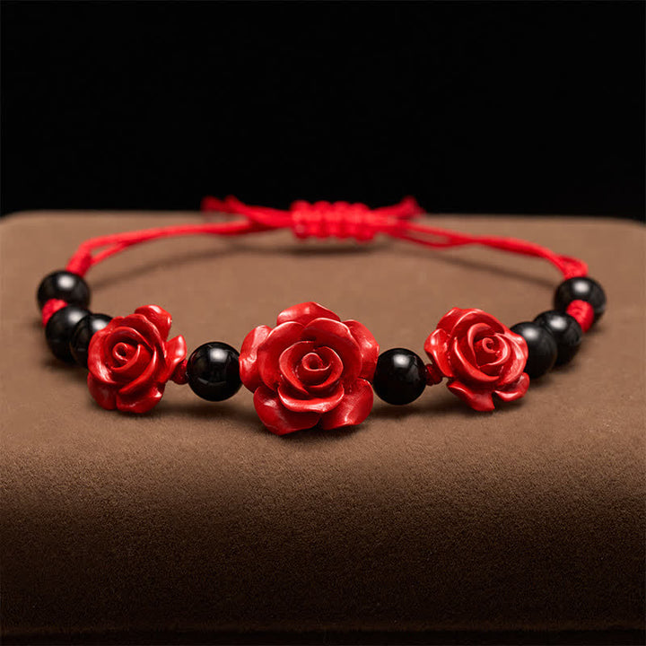 Buddha Stones Bracciale concentrato con rosa cinabro, onice nero e filo rosso - image 2