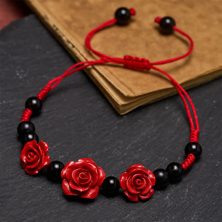 Buddha Stones Bracciale concentrato con rosa cinabro, onice nero e filo rosso - image 4