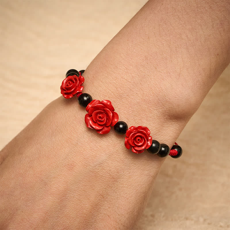 Buddha Stones Bracciale concentrato con rosa cinabro, onice nero e filo rosso - image 5