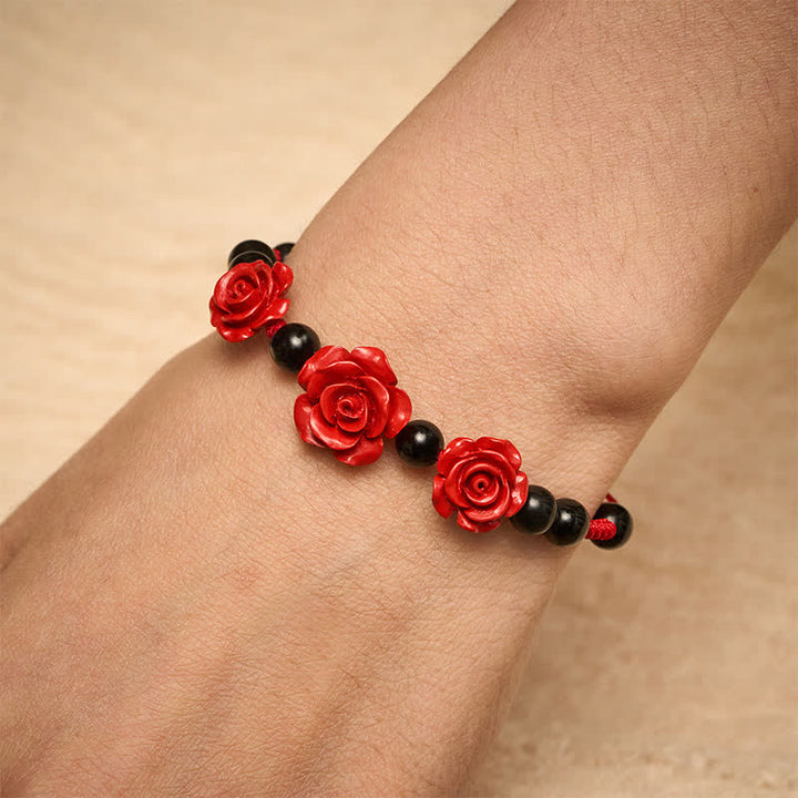 Buddha Stones Bracciale concentrato con rosa cinabro, onice nero e filo rosso - image 5