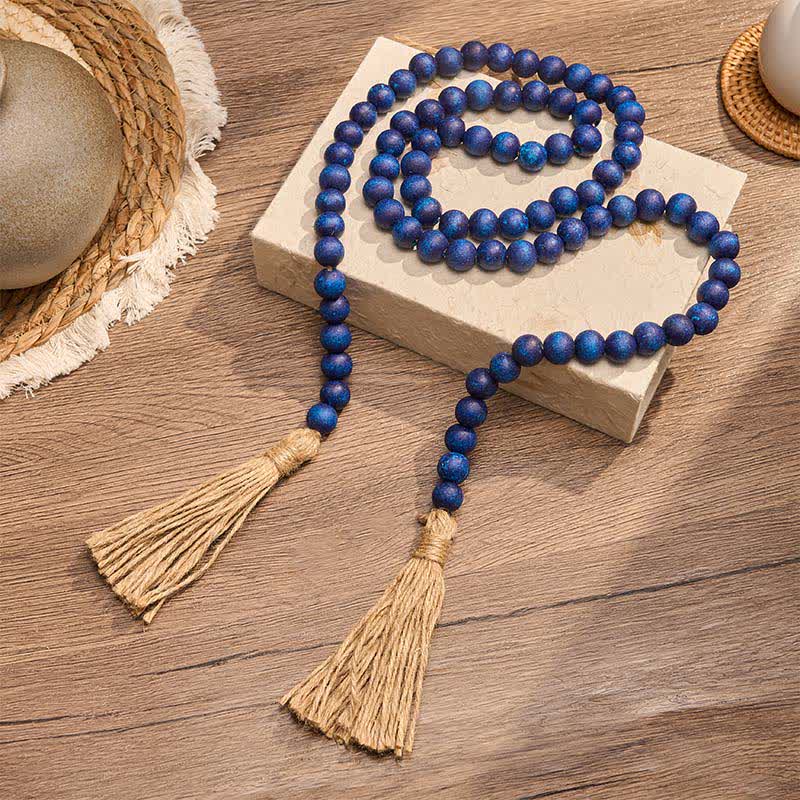 Buddha Stones Ghirlanda di nappe con perline di legno blu rustiche, decorazione per uno stile di vita consapevole. - image 1