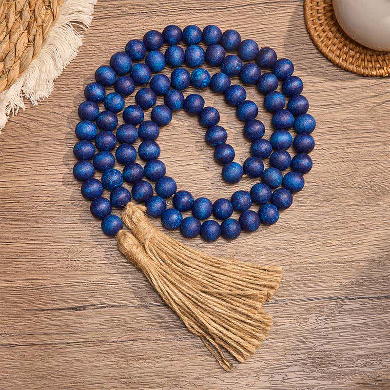 Buddha Stones Ghirlanda di nappe con perline di legno blu rustiche, decorazione per uno stile di vita consapevole. - Legna - image 0