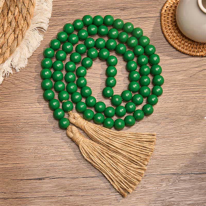 Buddha Stones Decorazione in stile rustico con perline di legno verde effetto invecchiato e nappe, per un'esperienza di vita consapevole. - Legna - image 0