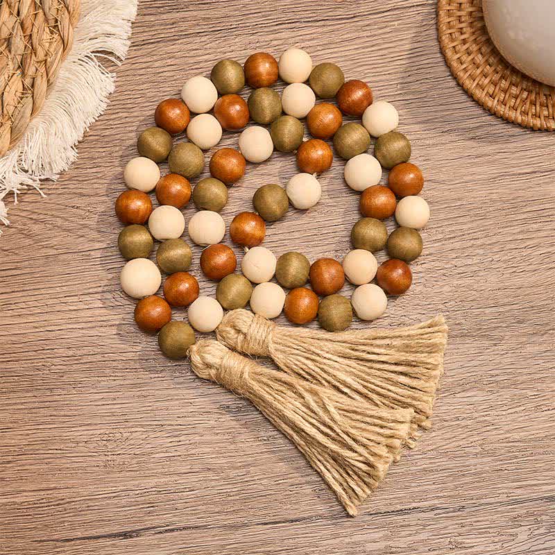 Buddha Stones Ghirlanda di nappe con perline di legno a strati in stile rustico, decorazione per uno stile di vita consapevole. - 100 cm - image 0