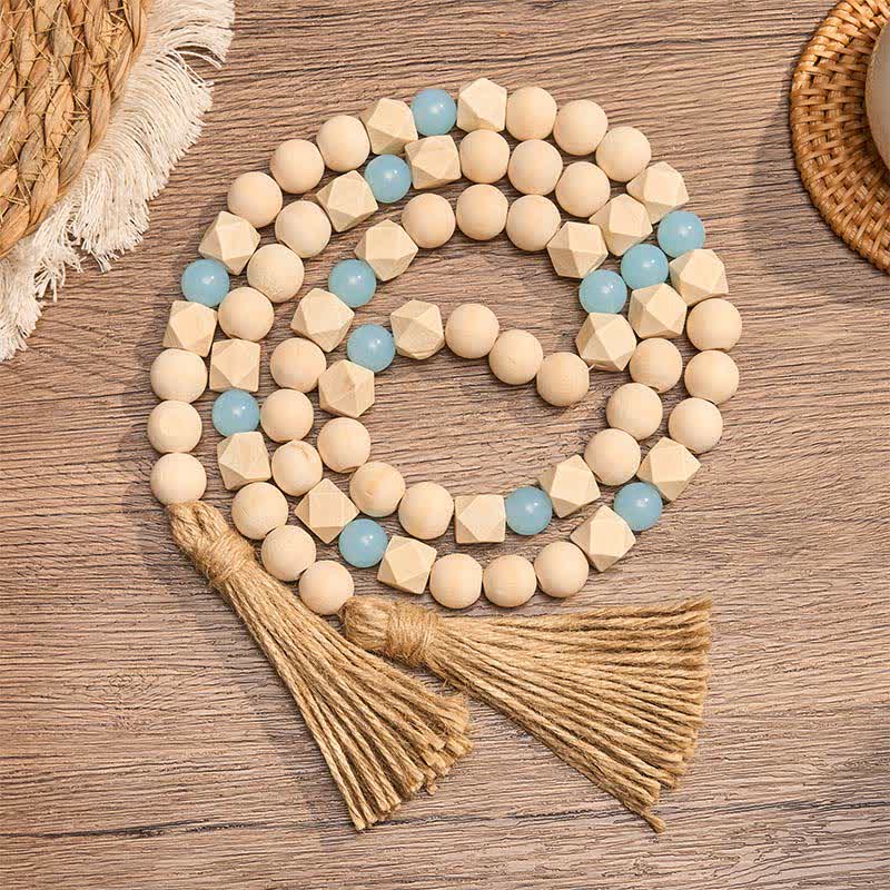 Buddha Stones Decorazione da appendere con perline di legno sfaccettate e doppia nappa, stile Mindful Living. - Legna - image 0