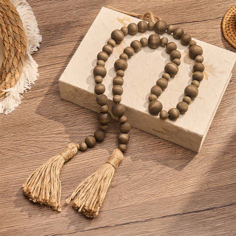 Buddha Stones Decorazione da appendere con doppia nappa di perline di legno rustico, stile Mindful Living. - image 1