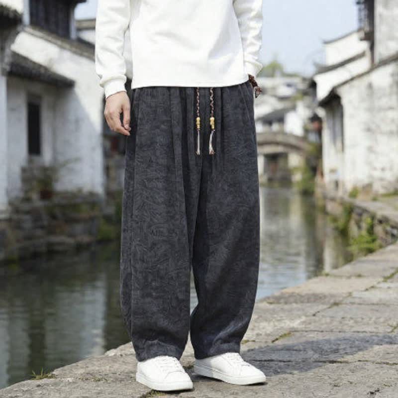 Buddha Stones Pantaloni casual autunno/inverno vintage con coulisse, tinta unita, in velluto a coste, da uomo, gamba dritta con tasche. - image 1