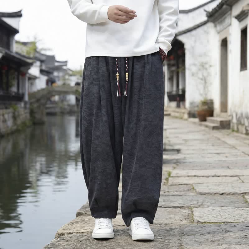 Buddha Stones Pantaloni casual autunno/inverno vintage con coulisse, tinta unita, in velluto a coste, da uomo, gamba dritta con tasche. - Nero - US/UK/AU48, EU58 (6XL) - image 0