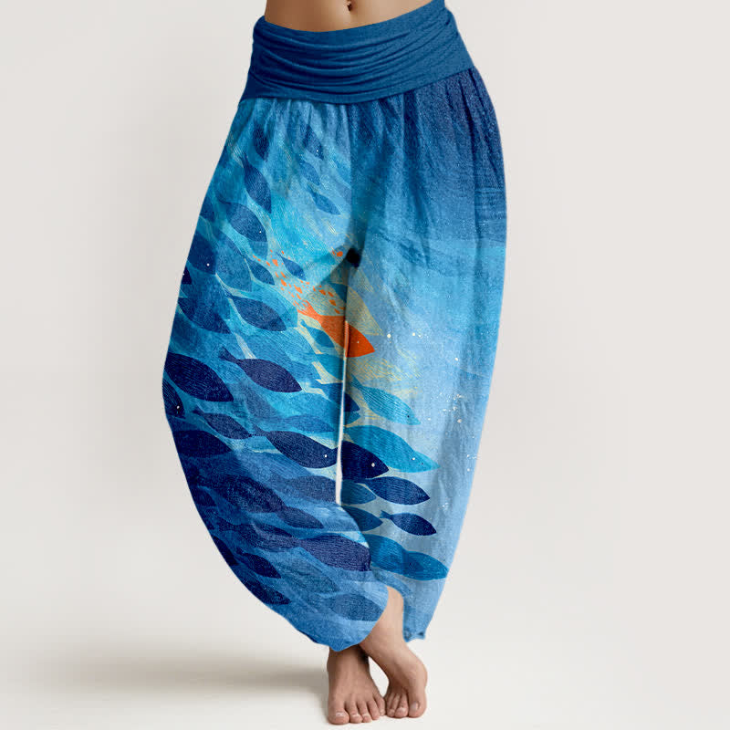 Buddha Stones Pantaloni harem da donna in cotone con stampa di pesci oceanici e elastico in vita. - DodgerBlue - US16, UK/AU20, EU48 (3XL) - image 0