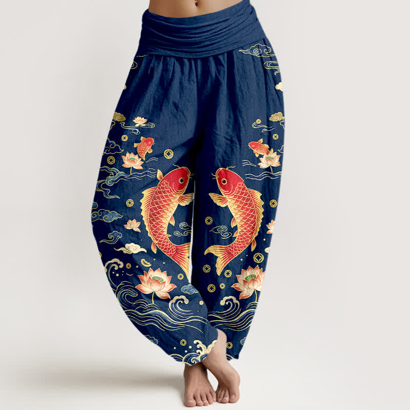 Buddha Stones Pantaloni harem da donna in cotone con motivo koi e loto di buon auspicio e vita elasticizzata. - Marina - US16, UK/AU20, EU48 (3XL) - image 0
