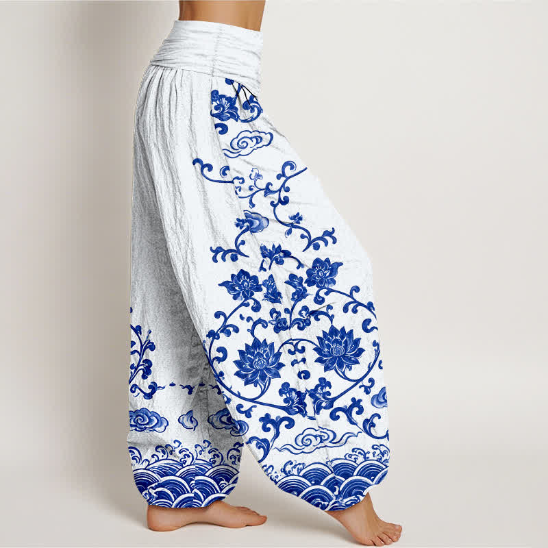 Buddha Stones Pantaloni harem da donna in cotone con motivo a volute di loto e vita elasticizzata - image 1