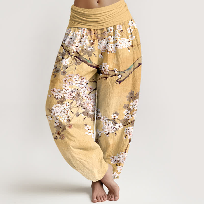 Buddha Stones Pantaloni harem da donna in cotone con motivo a rami di ciliegio in fiore e vita elasticizzata - Cachi - US16, UK/AU20, EU48 (3XL) - image 0
