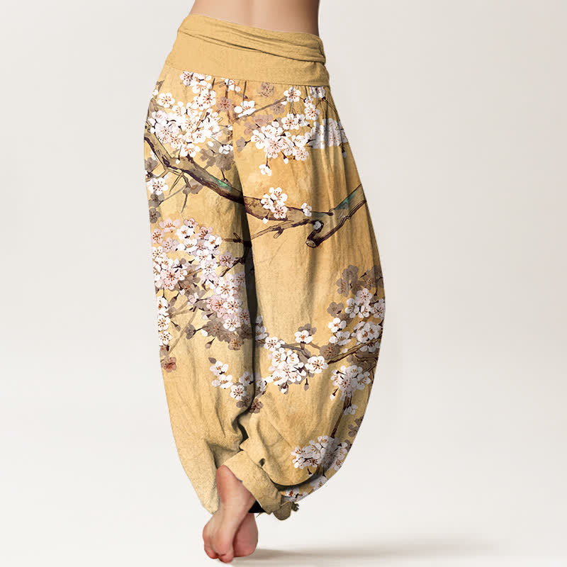 Buddha Stones Pantaloni harem da donna in cotone con motivo a rami di ciliegio in fiore e vita elasticizzata - image 1